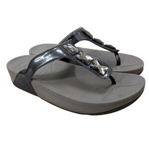 FitFlop Pietra Gray Silver Thong Platform Sandals Size 8 Jeweled Comfort Wedge